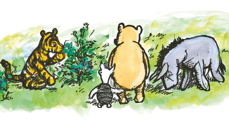 A colour illustration showing Winnie the Pooh, Eeyore, Piglet and Tigger